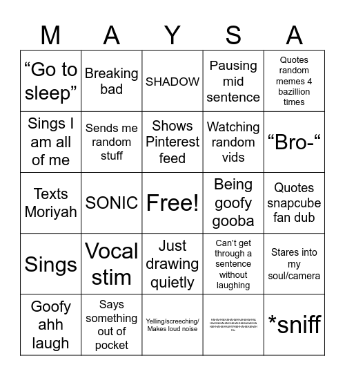 VC with Maya’s goober woober Bingo Card