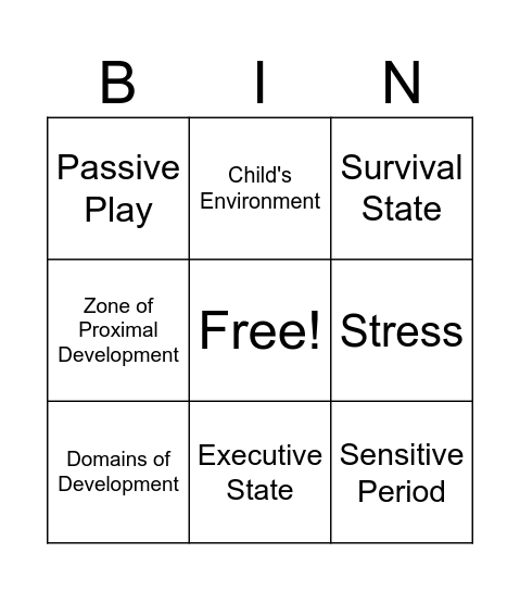 Brain Development Bingo Card