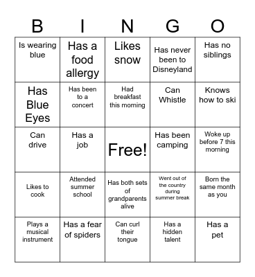 First Day Bingo Card