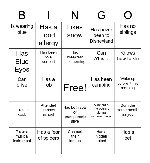 First Day Bingo Card