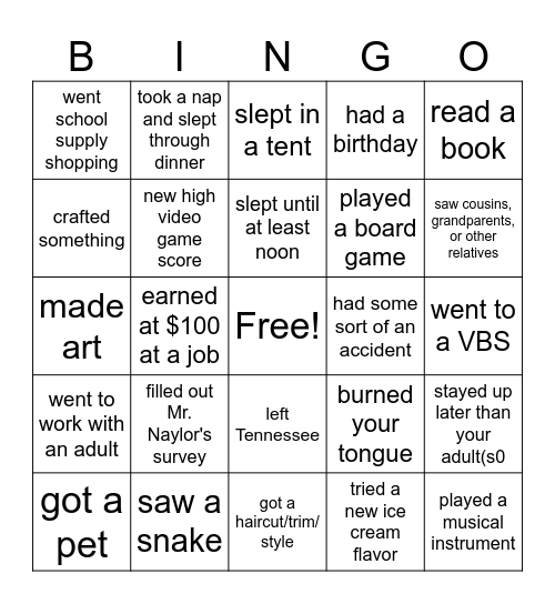 Summertime Bingo Card