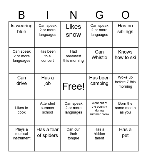 First Day Bingo Card