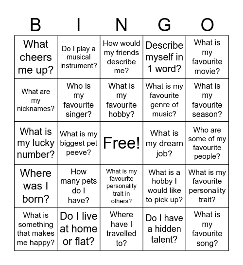 About me bingo! Bingo Card