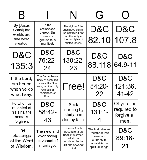 Doctrine & Covenants Part 2 Bingo Card