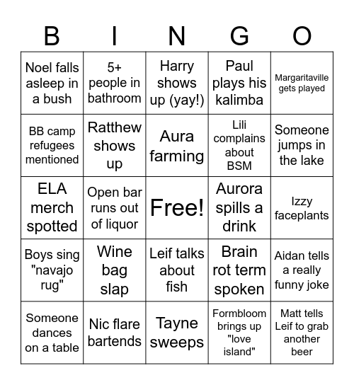 General Party 2025 Bingo Card