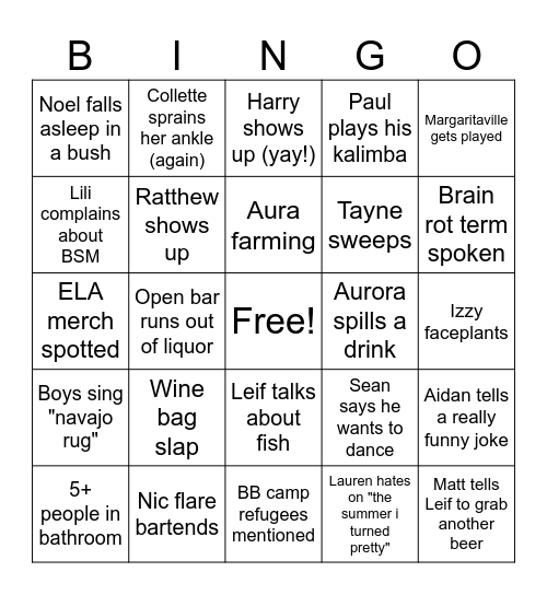 General Party 2025 Bingo Card