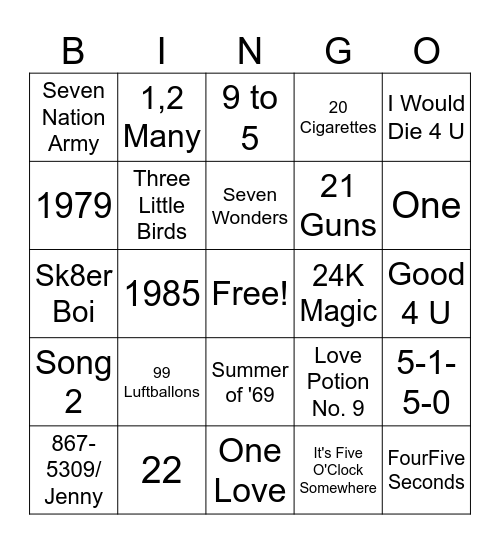 Songs With Numbers In The Title Bingo Card