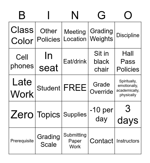 Syllabus Bingo! Bingo Card