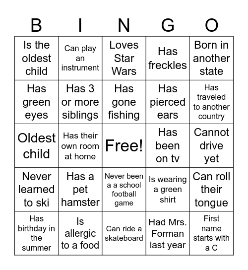 First Day of School Bingo Card