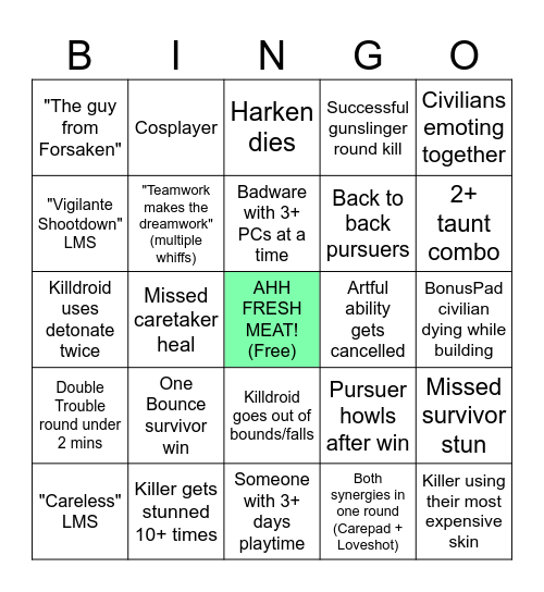 Die of Death Bingo Card