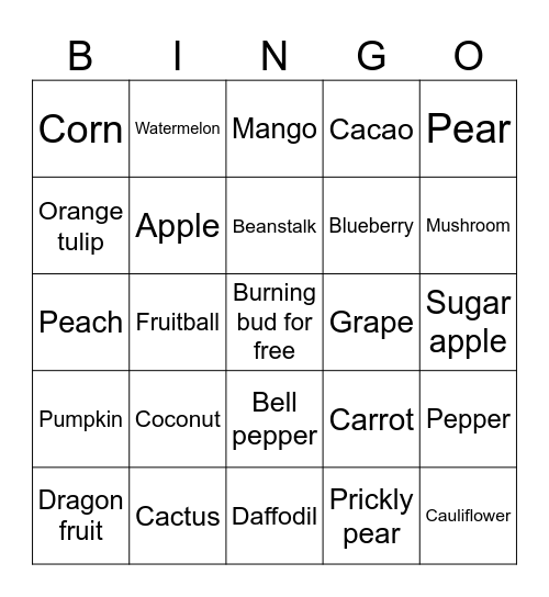 fruits in grow a garden Bingo Card