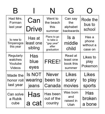 First Day of School Bingo Card