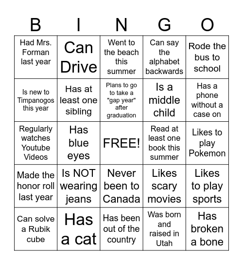 First Day of School Bingo Card