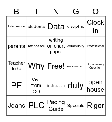 Faculty Meeting Bingo Card