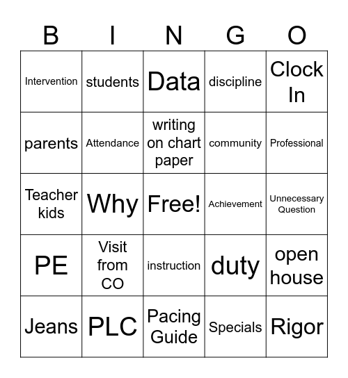 Faculty Meeting Bingo Card