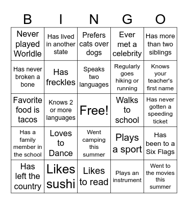 First Day of School Bingo Card