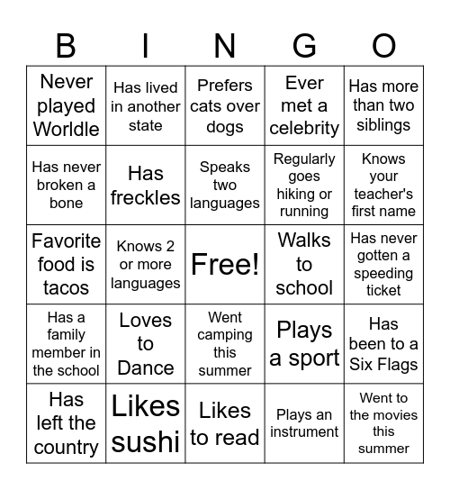 First Day of School Bingo Card