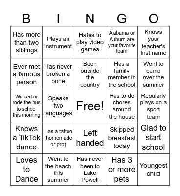 First Day of School Bingo Card