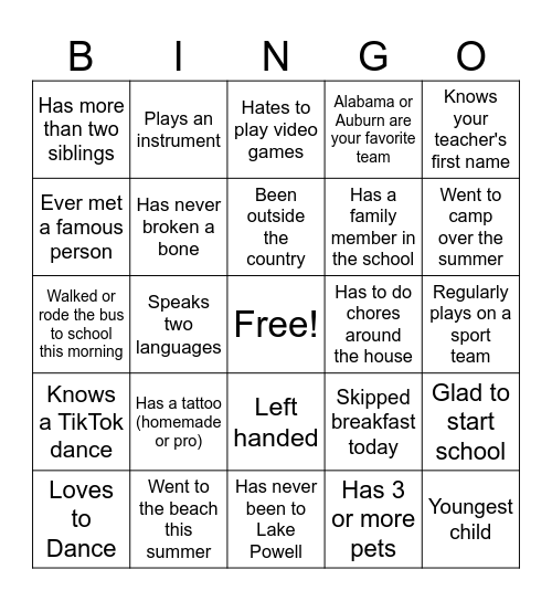 First Day of School Bingo Card