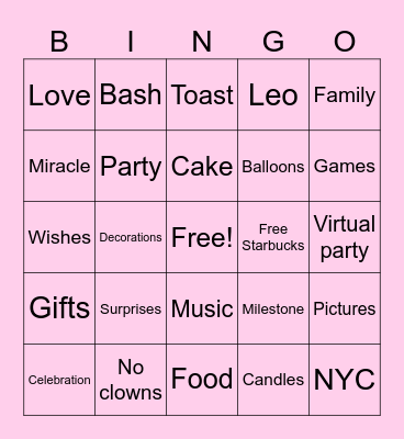 Jazzy's 30th Birthday Bingo Card
