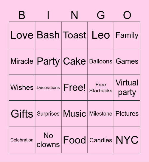 Jazzy's 30th Birthday Bingo Card