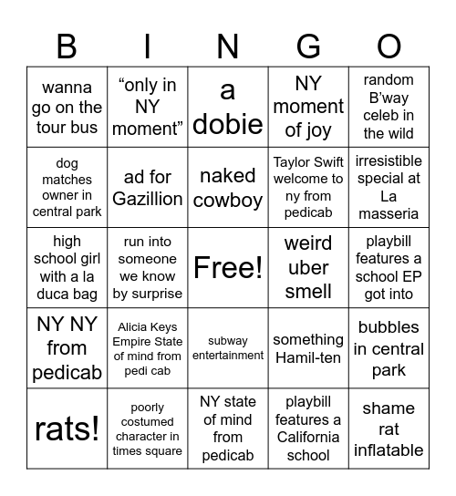 nyc girls trip bingo Card