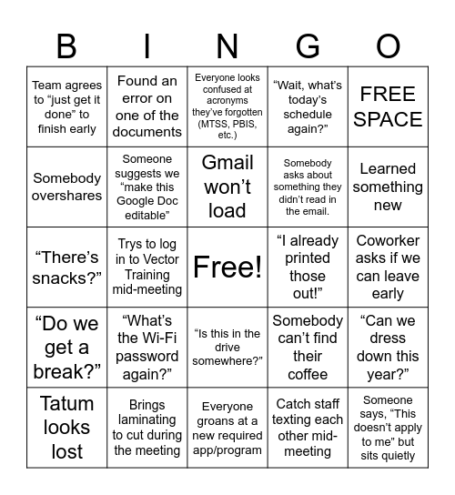 Inservice Bingo Card