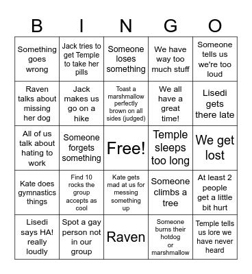 Camping edition: silly fun time 1.0 Bingo Card