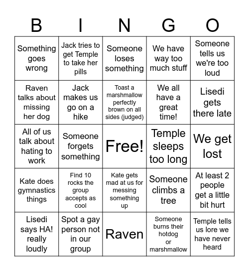 Camping edition: silly fun time 1.0 Bingo Card