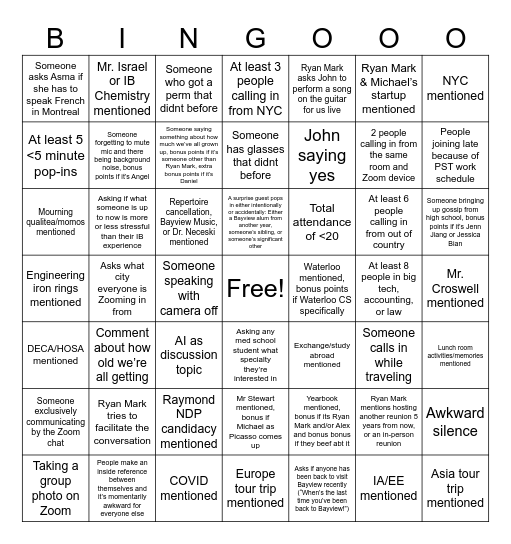 back 2 bayview Bingo Card