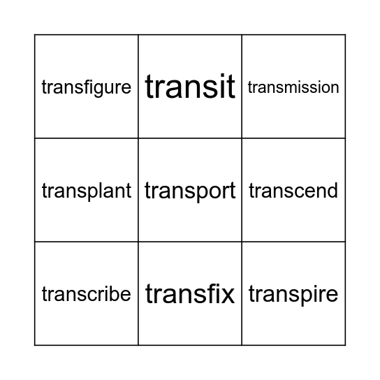 Prefix trans- Bingo Card