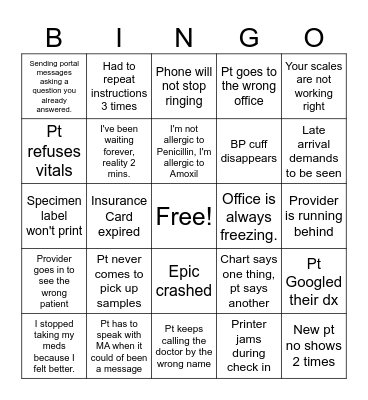 Medical Office Bingo Card