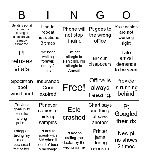 Medical Office Bingo Card
