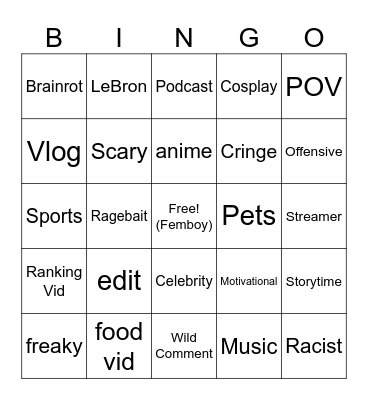 IG reels Bingo Card