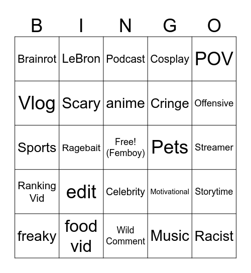 IG reels Bingo Card