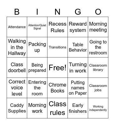 Classroom Procedures BINGO Card
