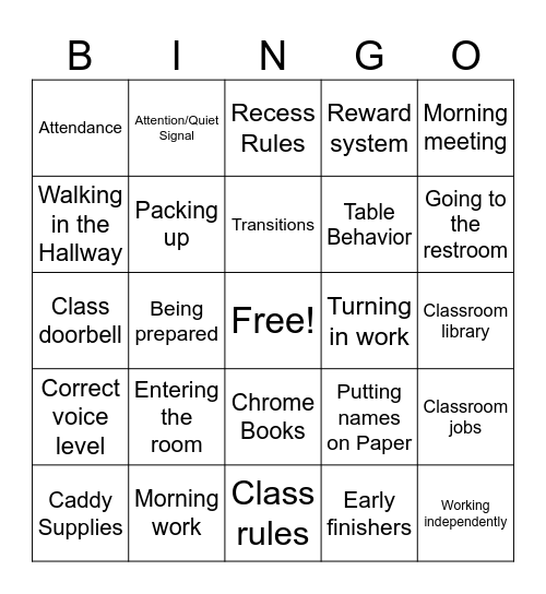 Classroom Procedures BINGO Card