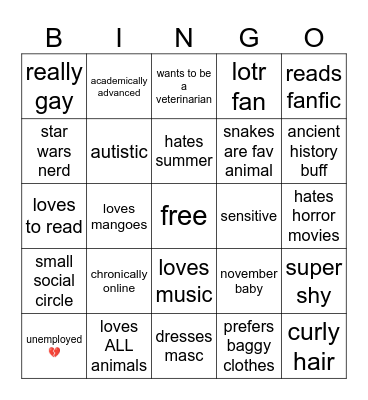 nocturnI bingo Card