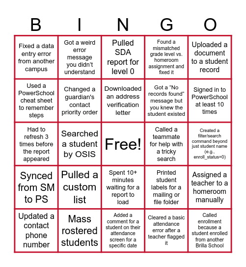 PowerSchool Bingo Card