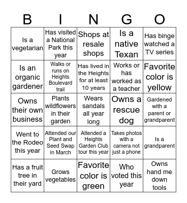 Heights Garden Club Bingo Card