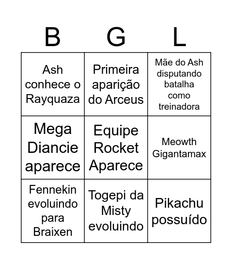 Bingo da Saga Pokémon Bingo Card