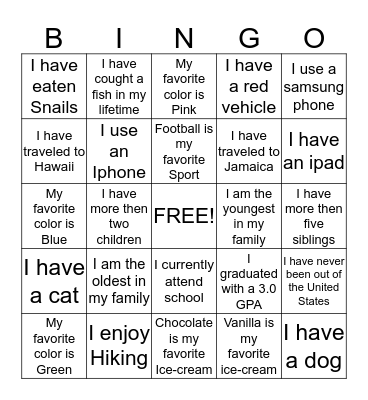 Getting to know us! Bingo Card