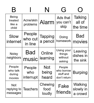 Annoying Things Bingo Card