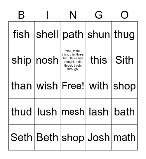 SH and TH Bingo Card