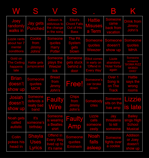 SoR Band Bingo Card Bingo Card