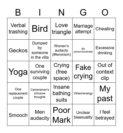 Temptation Island Bingo Card