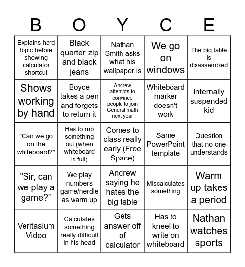 BOYCE Bingo Card