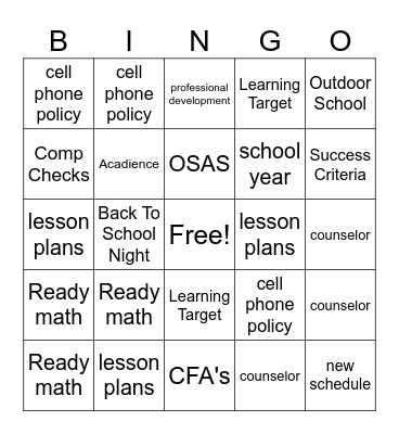Welcome Back! Bingo Card