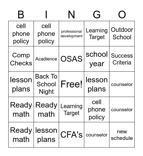 Welcome Back! Bingo Card