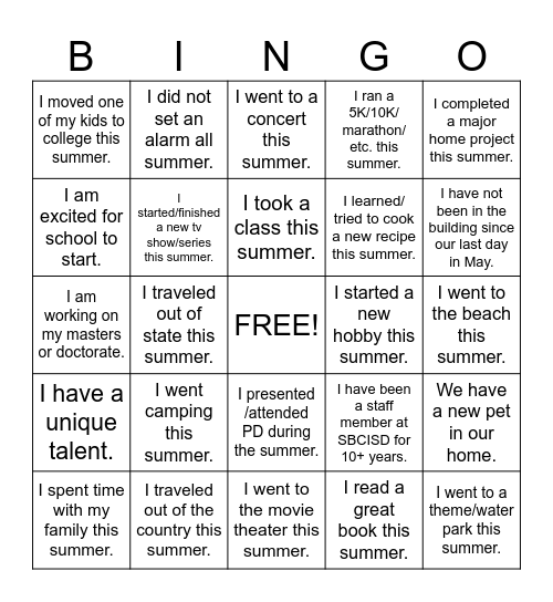 Staff Back to School Bingo Card